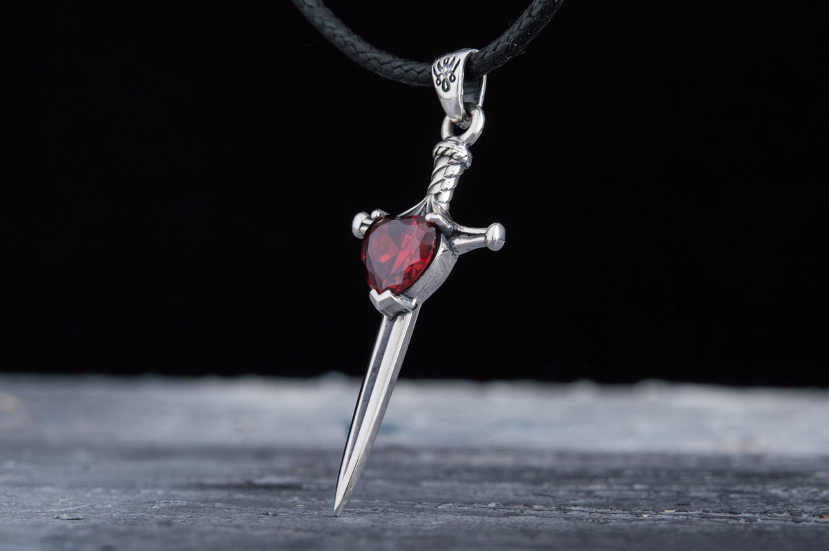 Viking Sword Pendant with Red Cubic Zirconia Sterling Silver Handmade Jewelry-5