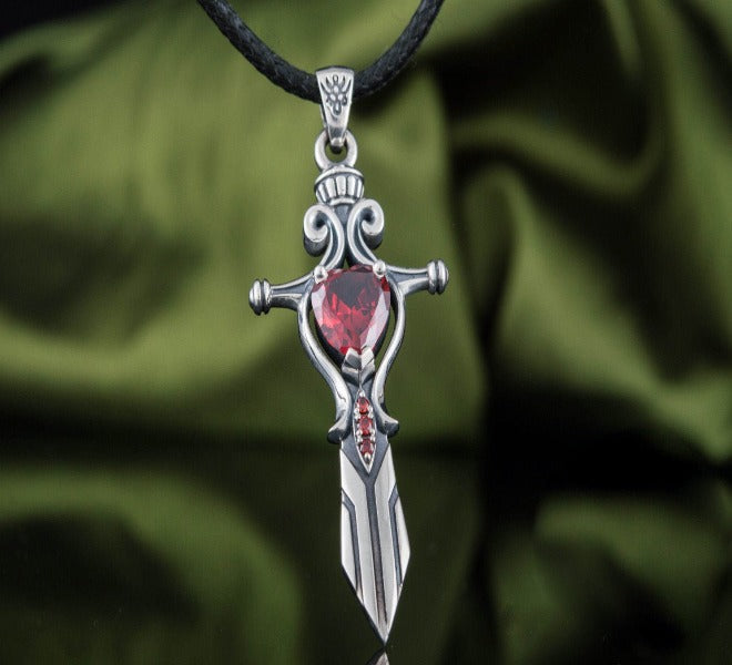 Viking Sword Pendant with Red Cubic Zirconia Sterling Silver Handmade Jewelry-6