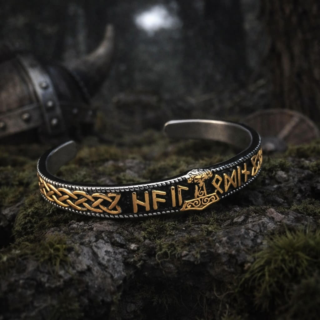 Close-up of a Viking Thor hammer runic cuff bracelet with gold Norse symbols on black metal, resting on mossy stone.