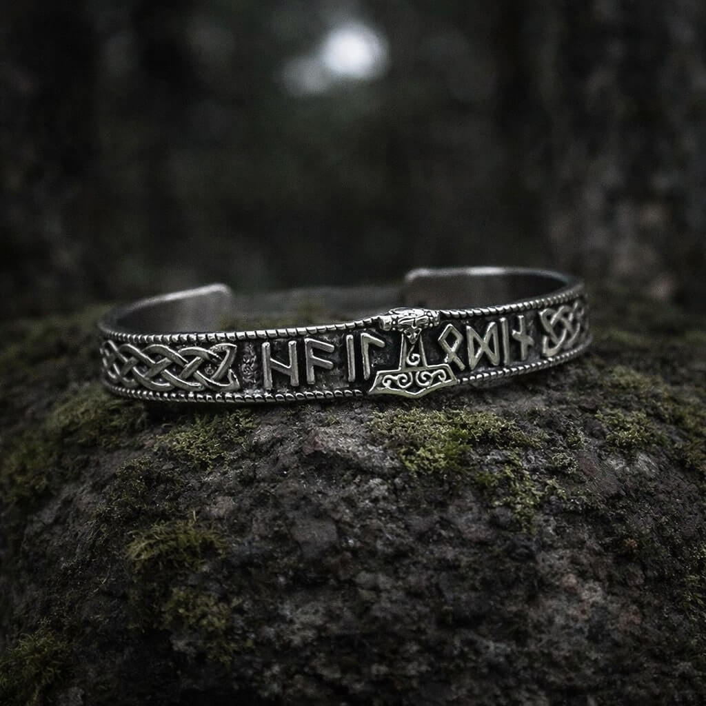 Viking Thor Hammer Runic Cuff Bracelet