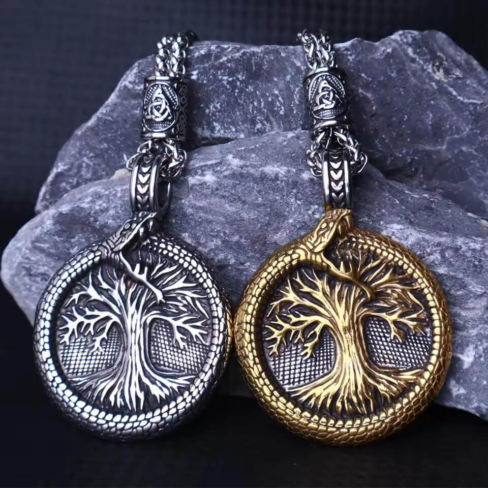 Viking Yggdrasil Tree of Life pendant necklaces with ouroboros serpent border in silver and gold stainless steel on braided chains