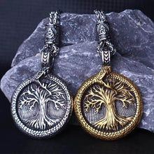 Viking Yggdrasil Tree of Life pendant necklaces with ouroboros serpent border in silver and gold stainless steel on braided chains