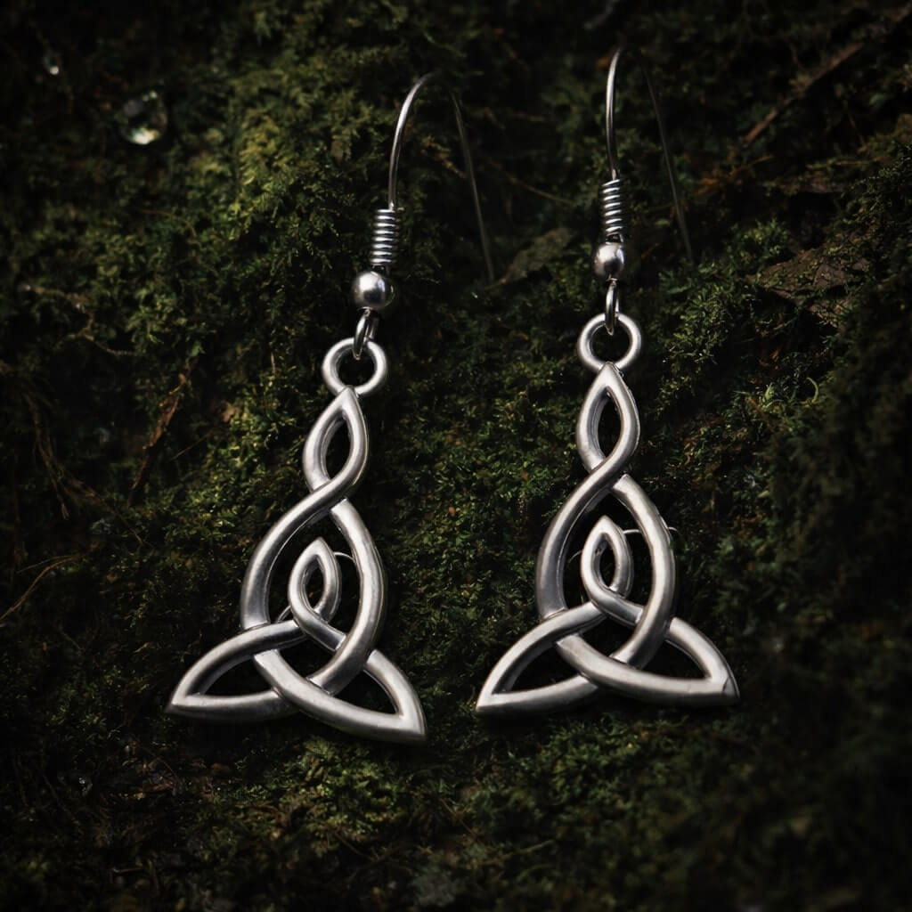 Pair of silver Viking Triquetra Knot Drop Earrings resting on moss, featuring elegant interwoven knotwork design.