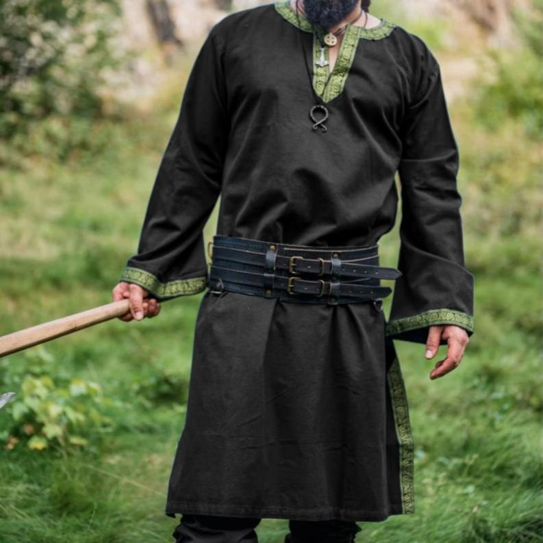 Viking Tunic - Black Knee Length, Long Sleeves with Embroidered Border