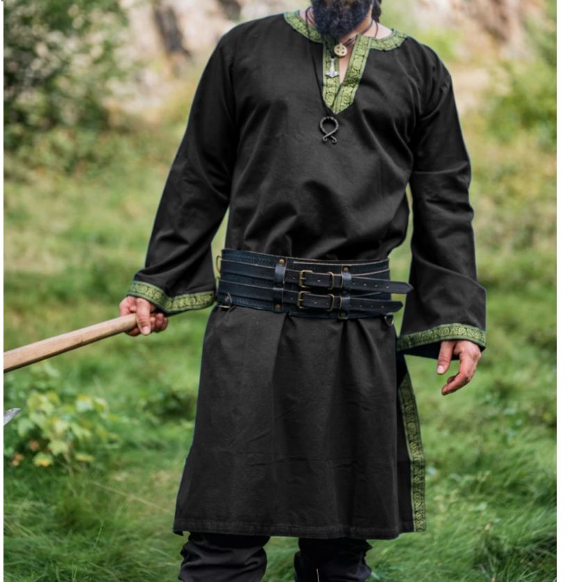 Viking Tunic - Black Knee Length, Long Sleeves with Embroidered Border
