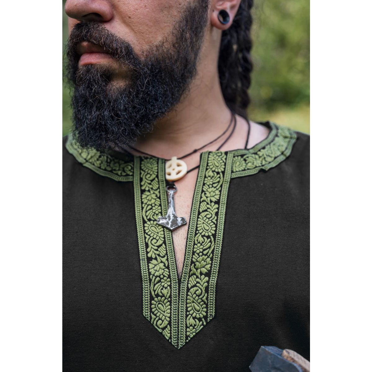 black viking tunic with embroidery border 