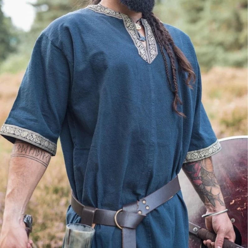 Blue Viking Tunic with Short Sleeves, Embroidered Border – Viking