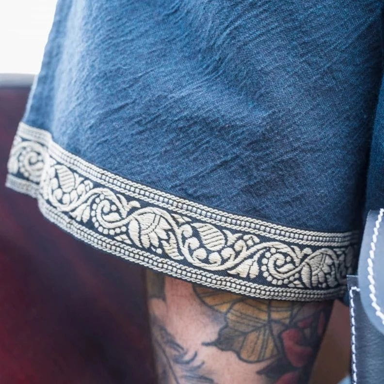 Blue Viking Tunic with Short Sleeves, Embroidered Border – Viking