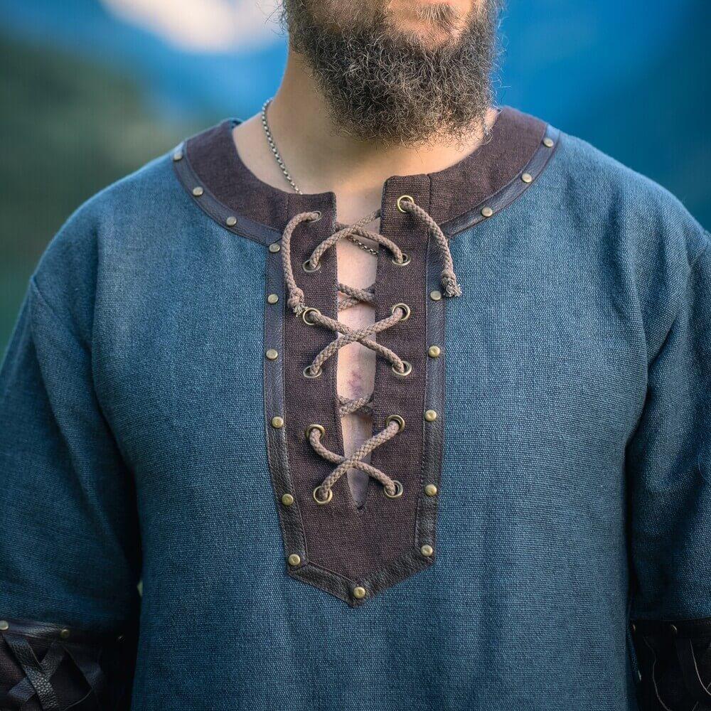NEW Viking Tunic - Blue with Ornate Leather Trim