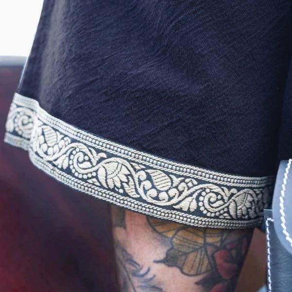 Dark Blue Viking Tunic with Short Sleeves, Embroidered Border