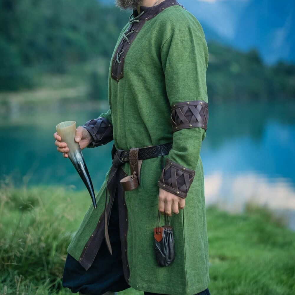 NEW Viking Tunic - Green with Ornate Leather Trim