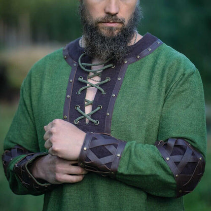 NEW Viking Tunic - Green with Ornate Leather Trim