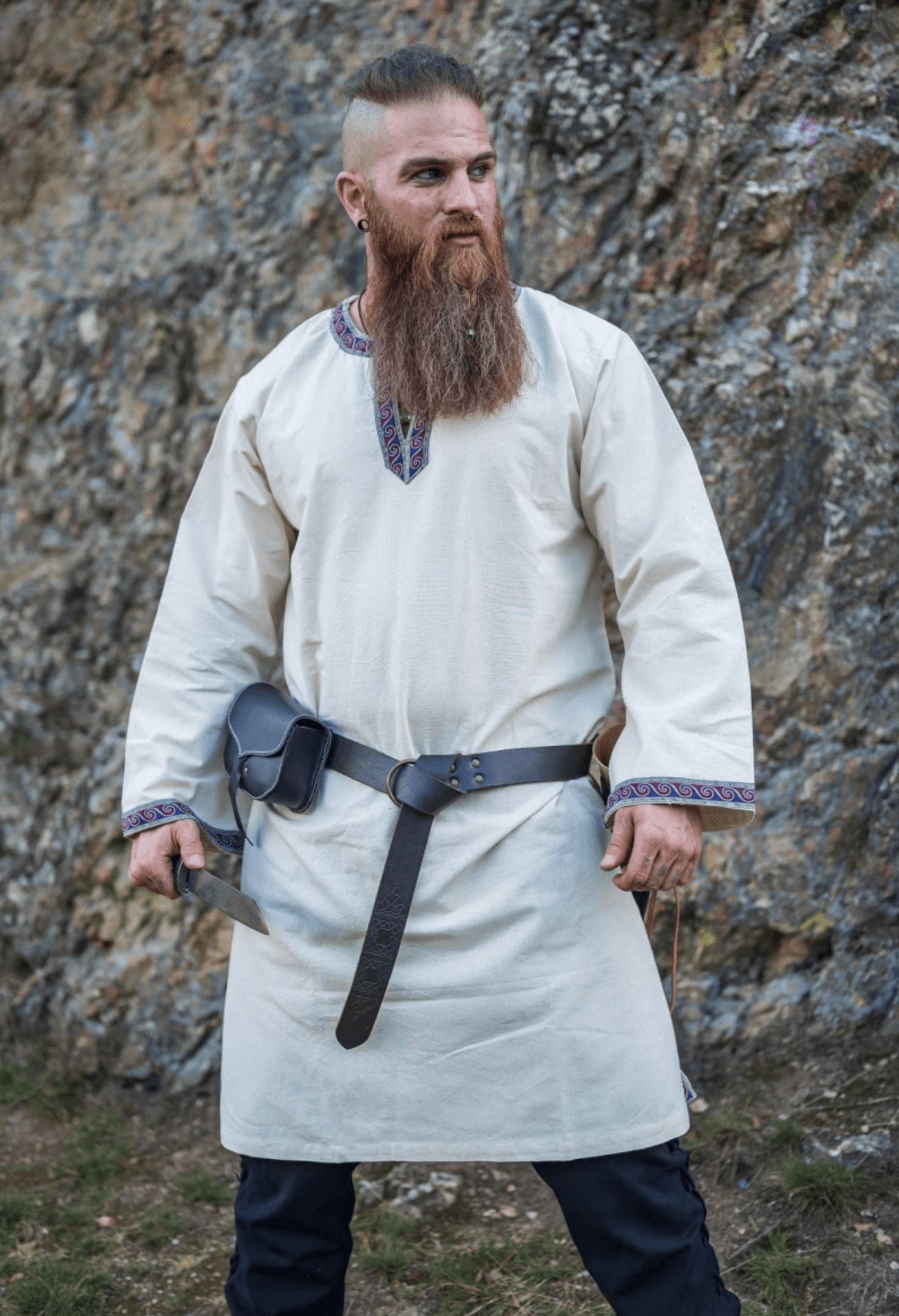 Viking Tunic - Natural Cotton Knee Length, Long Sleeves with Embroider