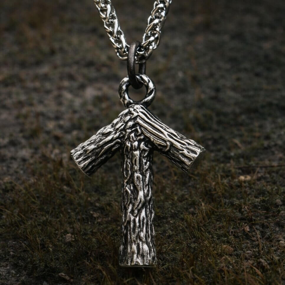 Viking Tyr Rune Necklace with Chain featuring textured silver rune pendant on rugged mossy background
