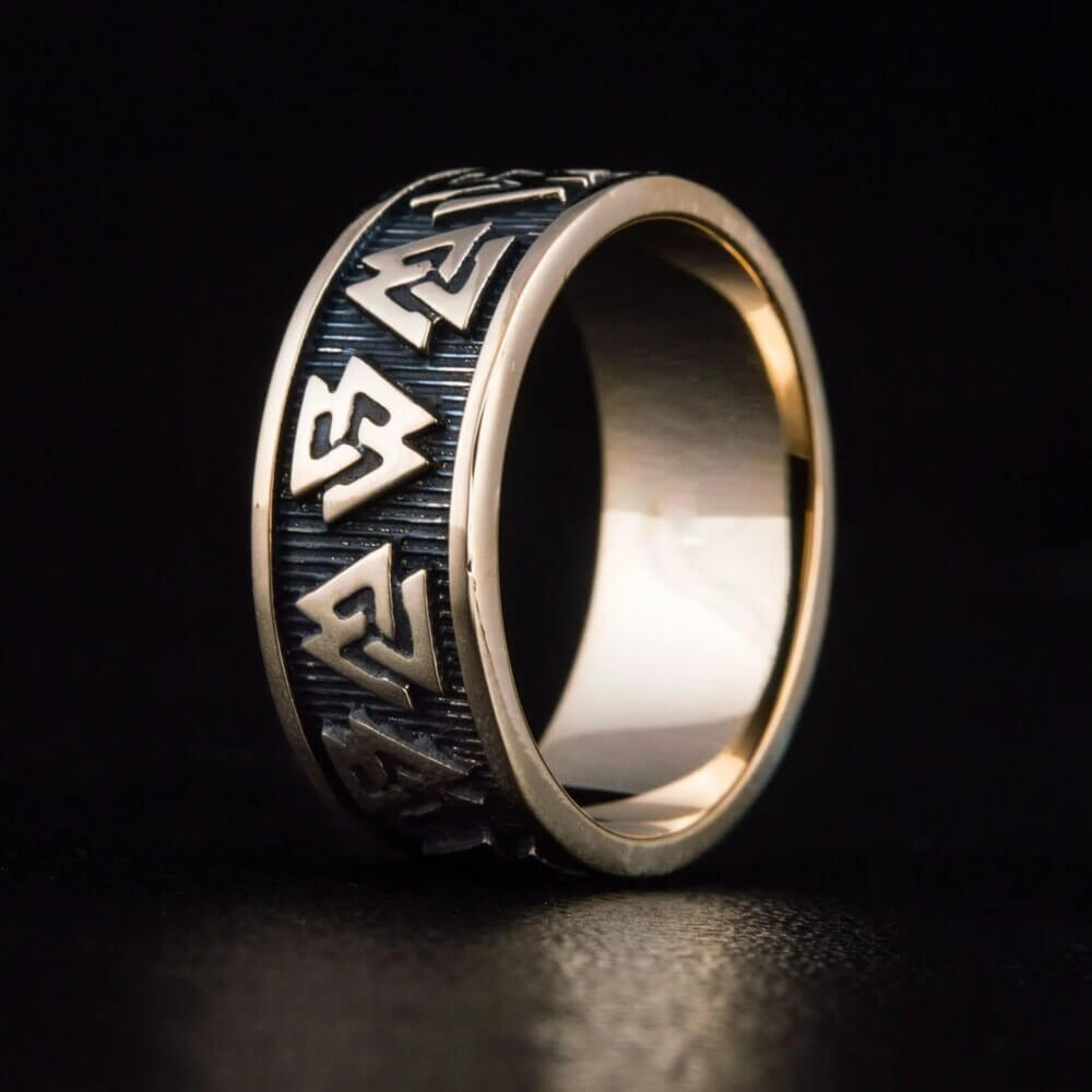 Viking Valknut Bronze Band Ring - gold-tone metal ring with repeating interlocking triangle symbols on black oxidized textured band