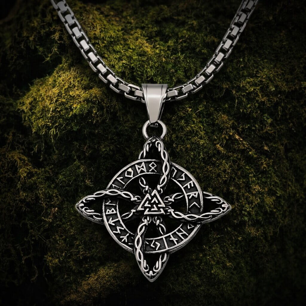 Viking Valknut Celtic knot pendant necklace with a four-pointed Celtic knot design, central Valknut symbol, Elder Futhark runes around the inner ring, and oxidized silver detailing on a box chain.