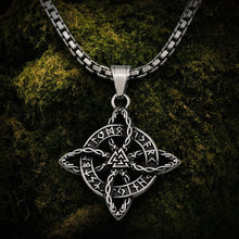 Viking Valknut Celtic knot pendant necklace with a four-pointed Celtic knot design, central Valknut symbol, Elder Futhark runes around the inner ring, and oxidized silver detailing on a box chain.
