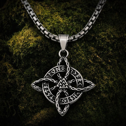 Viking Valknut Celtic knot pendant necklace with a four-pointed Celtic knot design, central Valknut symbol, Elder Futhark runes around the inner ring, and oxidized silver detailing on a box chain.