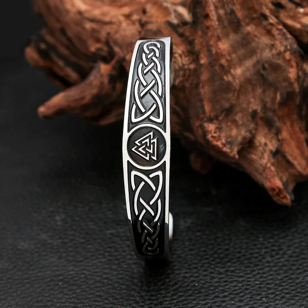 Polished Viking Valknut Celtic Knot Stainless Steel Cuff Bracelet featuring Odin's triangle symbol and woven Celtic pattern with black enamel