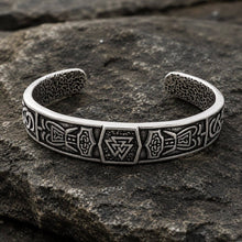 Viking Valknut Cuff Bracelet with Shield & Knotwork Panels in silver on dark stone background
