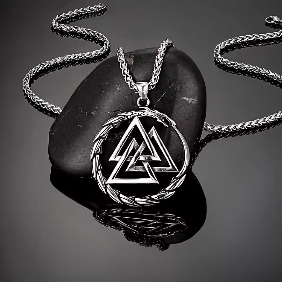 Viking Valknut dragon pendant necklace featuring a central Valknut symbol encircled by a coiled Jörmungandr serpent biting its tail, polished silver finish, on a chain.
