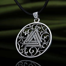 Viking Valknut filigree silver pendant on a black cord.