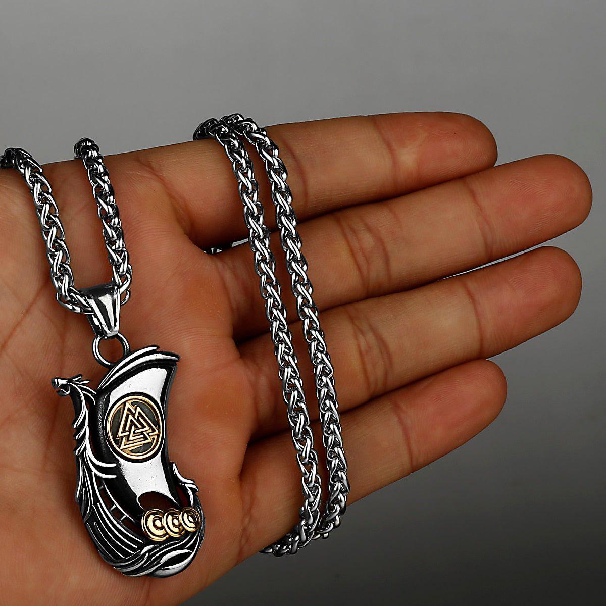 Viking Valknut Longboat Pendant Necklace-2