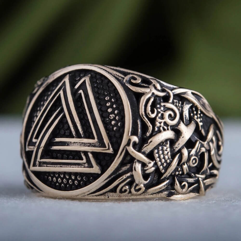 Bronze Viking Valknut ring with ornate Norse scrollwork and black oxidized finish - Odin three triangles symbol statement ring with intricate knotwork for men