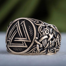 Bronze Viking Valknut ring with ornate Norse scrollwork and black oxidized finish - Odin three triangles symbol statement ring with intricate knotwork for men