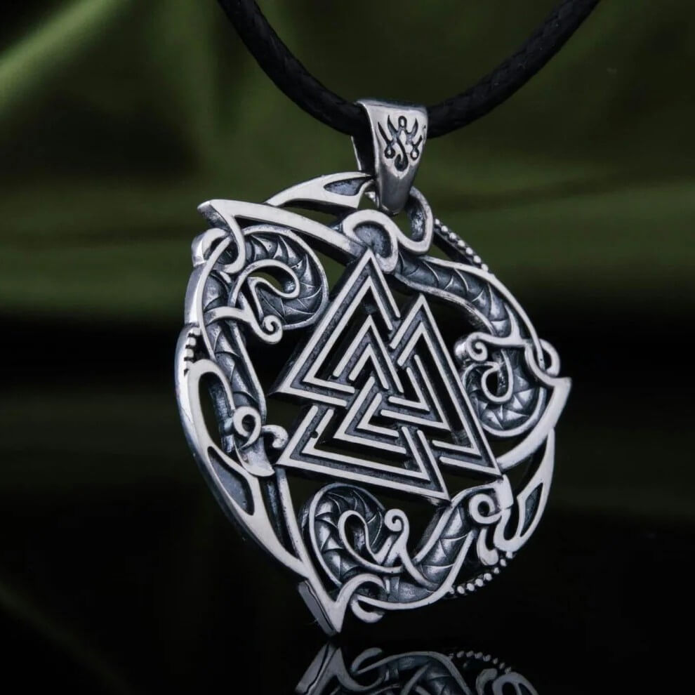 Viking Valknut silver pendant necklace with intricate Celtic knotwork on a black cord.