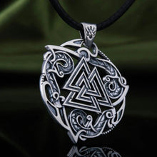 Viking Valknut silver pendant necklace with intricate Celtic knotwork on a black cord.