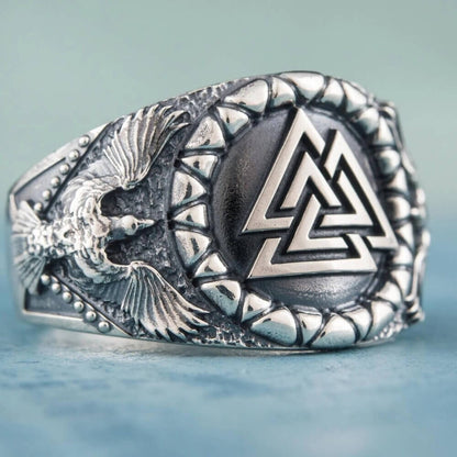 Viking Valknut Raven Silver Statement Ring