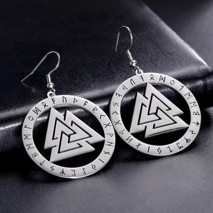 Pair of Viking Valknut Rune Circle Stainless Steel Earrings featuring interlocking triangle symbol surrounded by Elder Futhark rune alphabet on black leather
