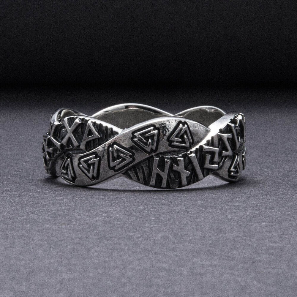 Viking Valknut Rune Silver Braided Ring