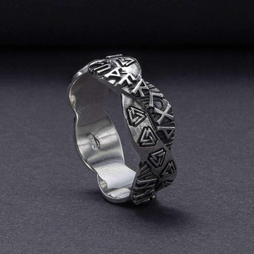 Sterling silver Viking Valknut band ring with Norse runes and braided texture pattern - Odin three triangles symbol eternity ring men's jewelry
