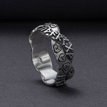 Sterling silver Viking Valknut band ring with Norse runes and braided texture pattern - Odin three triangles symbol eternity ring men's jewelry
