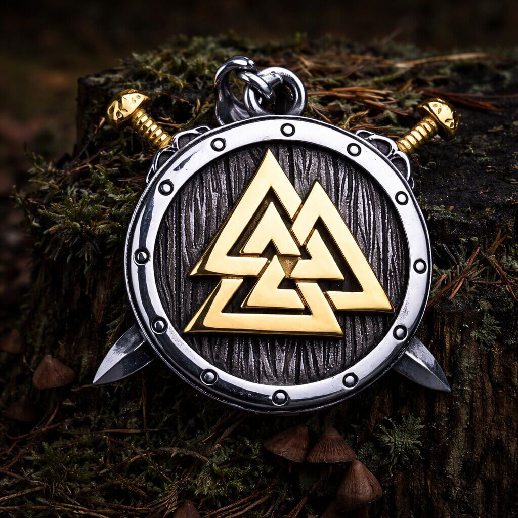 Viking Valknut shield pendant necklace featuring a gold Valknut symbol on a textured dark shield face, silver rim with rivet details, and two crossed swords with gold hilts behind the shield.