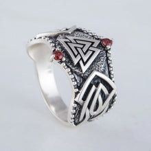 Viking Valknut Silver Ring with Red Stones