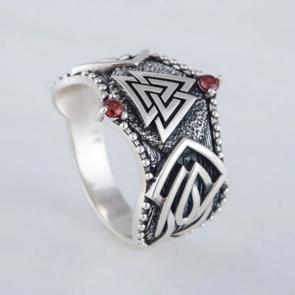 Viking Valknut Silver Ring with Red Stones