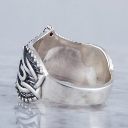 Viking Valknut Silver Ring with Red Stones