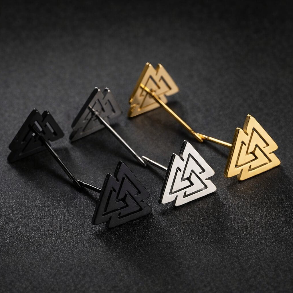 Viking Valknut stainless steel stud earrings in black, silver, and gold finishes.