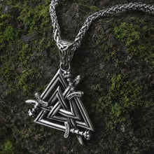 Viking Valknut sword necklace: silver-toned stainless steel pendant with three intertwined swords on a chain.