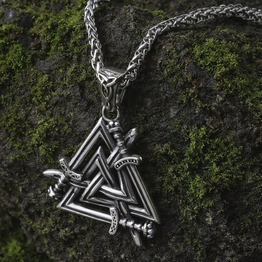 Viking Valknut sword pendant necklace featuring three interlocking triangles with three crossed swords woven through the design, Celtic knot detailing on the hilts, on a chain.
