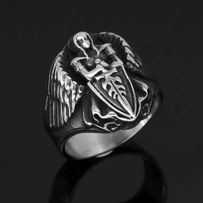 Silver Viking Valkyrie statement ring with winged shield-maiden holding sword and shield