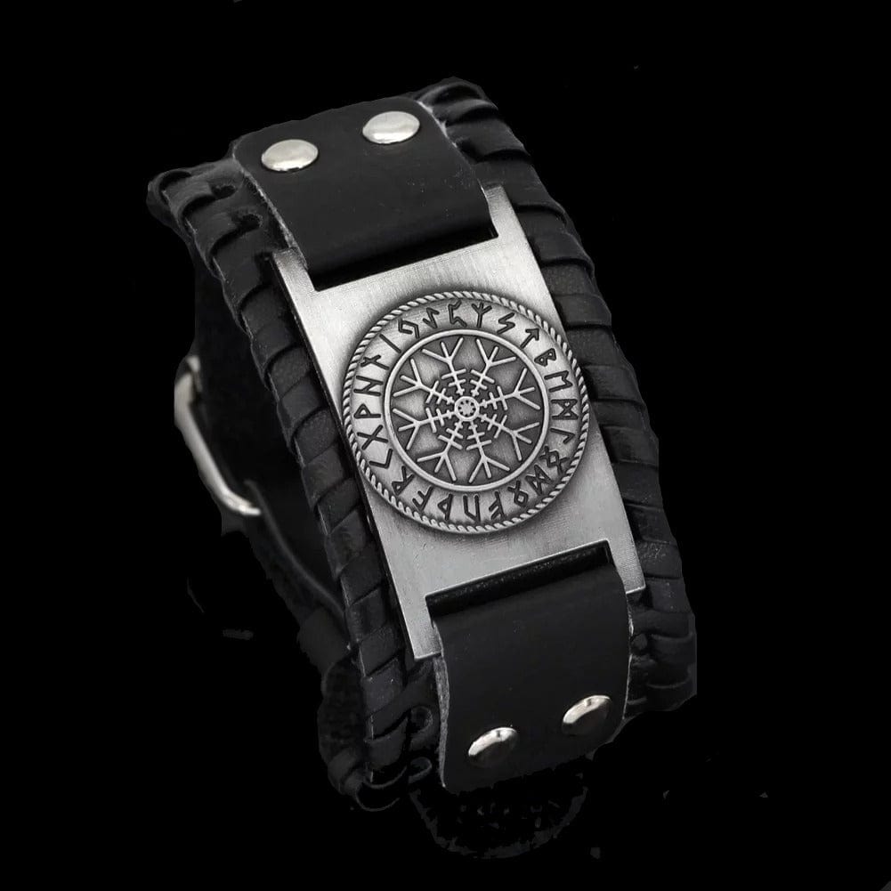 Black Viking Vegvisir Compass Rune Circle Plate Leather Buckle Cuff Bracelet