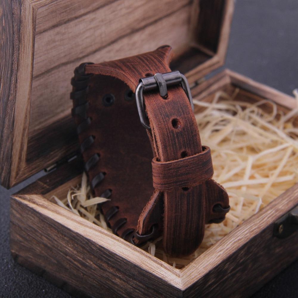 Viking Vegvisir Compass Rune Circle Plate Leather Buckle Cuff Bracelet