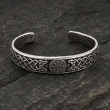 Viking Vegvisir Cuff Bracelet with Celtic Knotwork Open Band in silver on dark stone surface