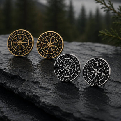 Viking Vegvisir stud earrings in gold and silver with Elder Futhark rune circle and Norse compass
