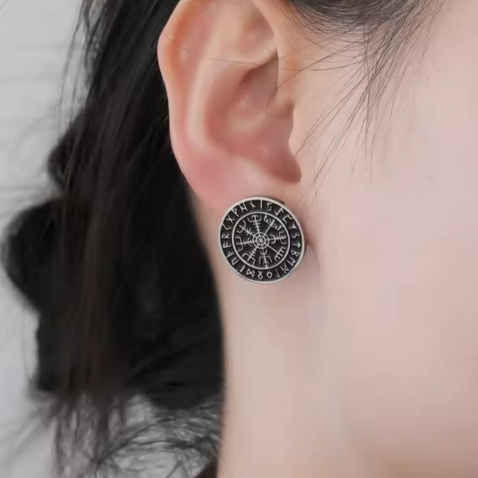 Viking Vegvisir Stud Earrings | Elder Futhark Rune Circle