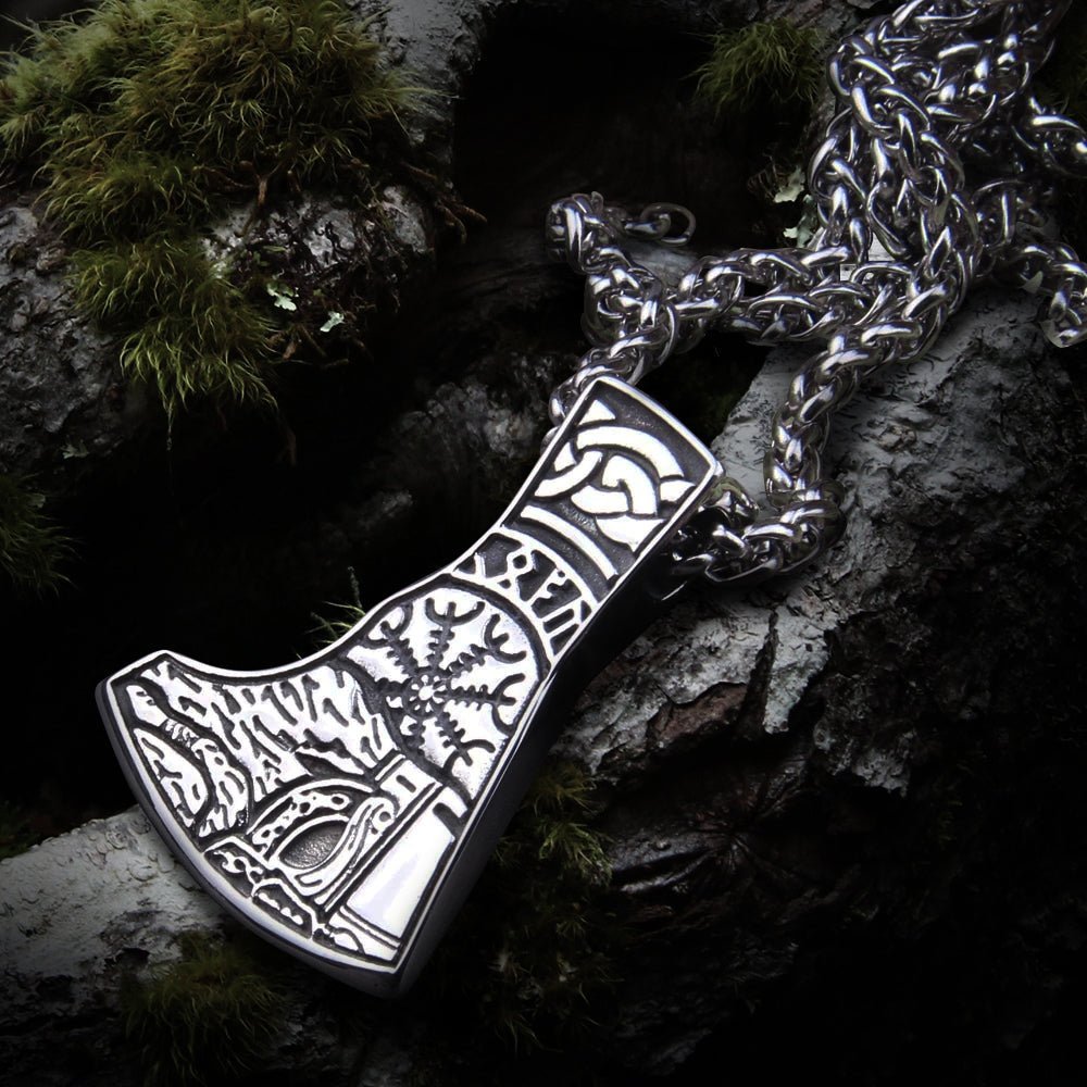 Viking Warrior Axe Head With Helm of Awe Pendant Necklace